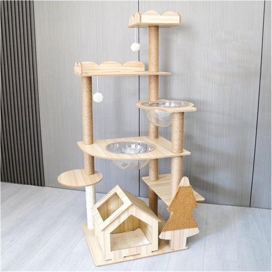 מתקן גירוד מעוצב מעץ לחתולים בעל 6 קומות - Feed My Pet - פריקפוא