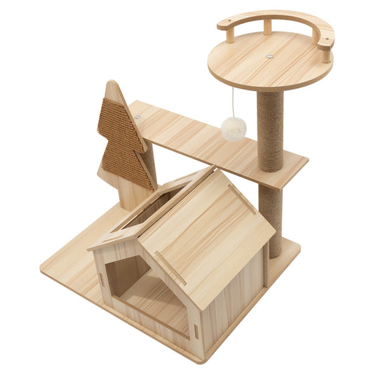 מתקן גירוד קומפקטי מעוצב מעץ לחתולים בעל 3 קומות - Feed My Pet - פריקפוא