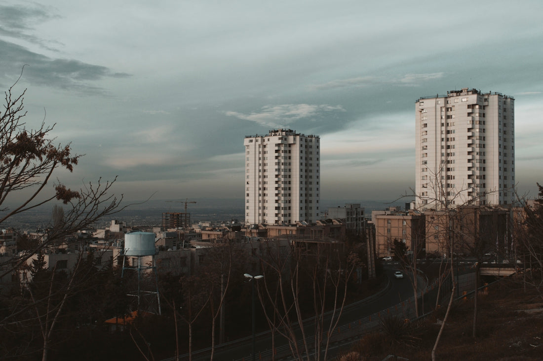 A view of a city with tall buildings