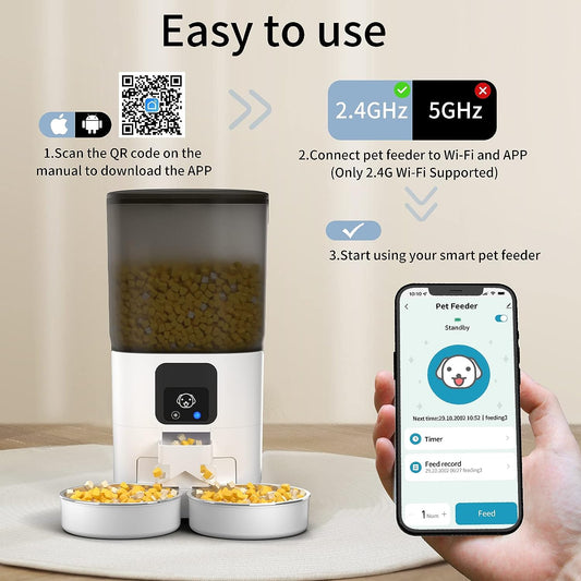 מתקן האכלה אוטומטי לחיות מחמד עם חיבור לאפליקציה בעל לשתי צלחות - Feed My Pet - פריקפוא