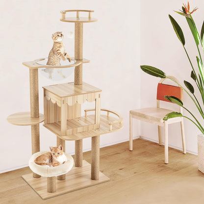 מתקן גירוד מעוצב מעץ לחתולים בעל 5 קומות - Feed My Pet - פריקפוא
