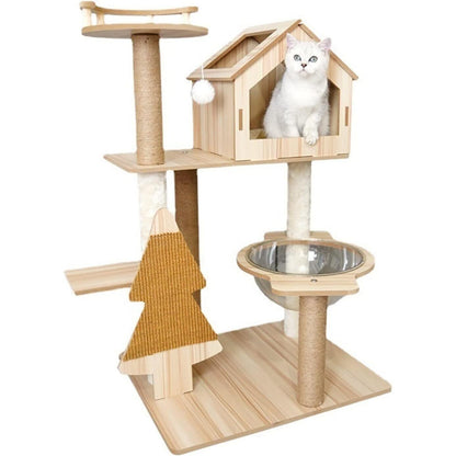 מתקן גירוד מעוצב מעץ לחתולים בעל 4 קומות - Feed My Pet - פריקפוא