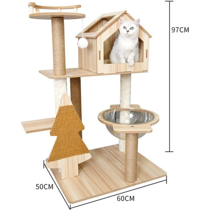 מתקן גירוד מעוצב מעץ לחתולים בעל 4 קומות - Feed My Pet - פריקפוא