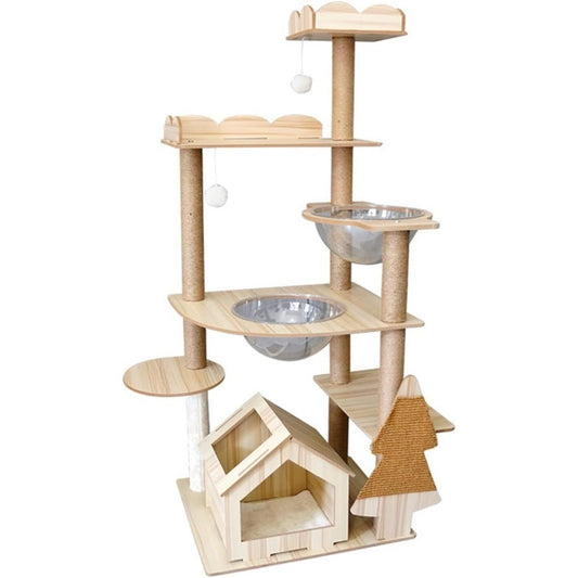 מתקן גירוד מעוצב מעץ לחתולים בעל 6 קומות - Feed My Pet - פריקפוא