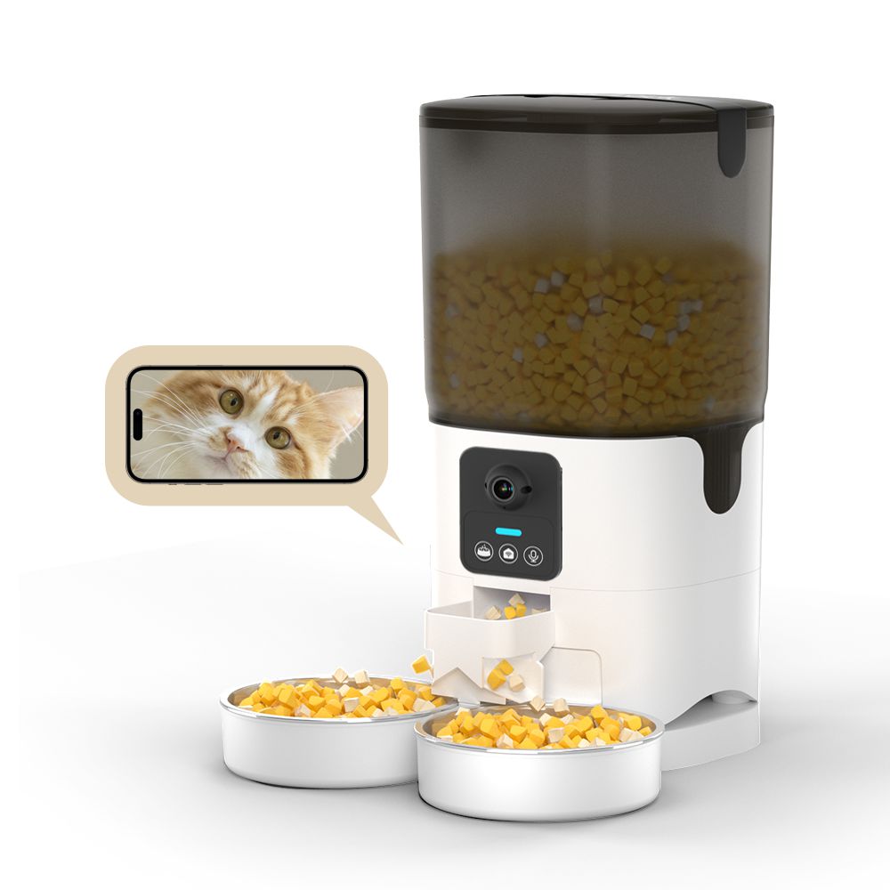 מתקן האכלה אוטומטי לחיות מחמד בעל שתי צלחות עם מצלמה וחיבור לאפליקציה - Feed My Pet - פריקפוא