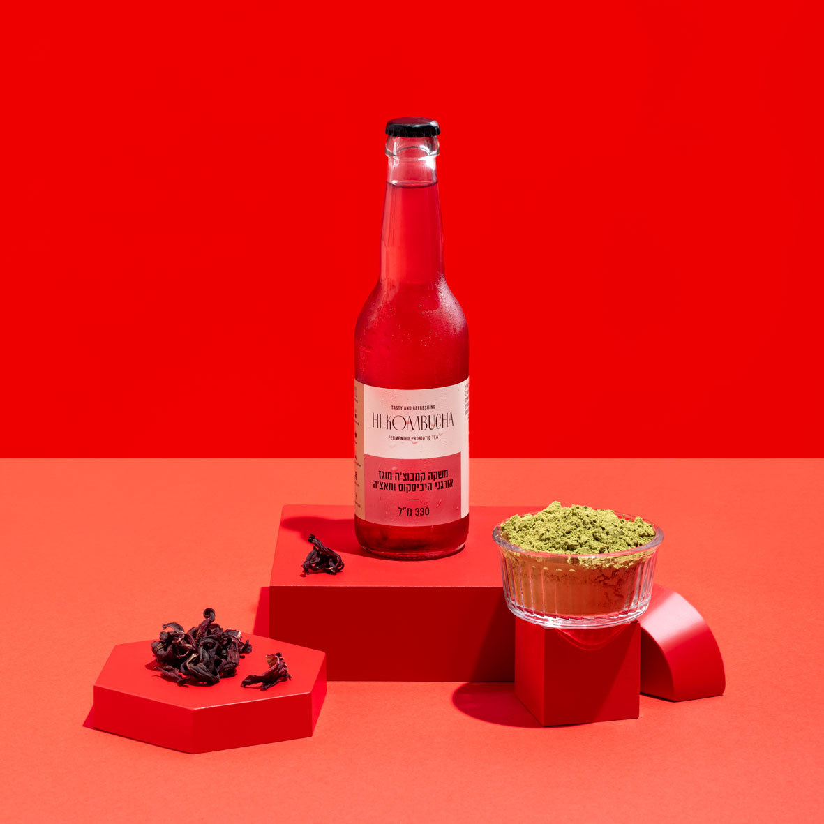 משקה קמבוצ'ה מוגז אורגני היביסקוס ומאצ'ה | היי קמבוצ'ה - Hi Kombucha - פריקפוא