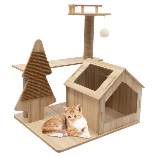 מתקן גירוד קומפקטי מעוצב מעץ לחתולים בעל 3 קומות - Feed My Pet - פריקפוא