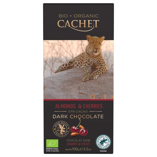 שוקולד מריר אורגני 57% עם שברי שקדים ודובדבן - Cachet - פריקפוא